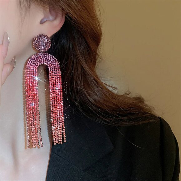 Ombre Maroon Red Rhinestone Dangle Drop‎ Earrings Holiday Jewelry - Picture 1 of 4